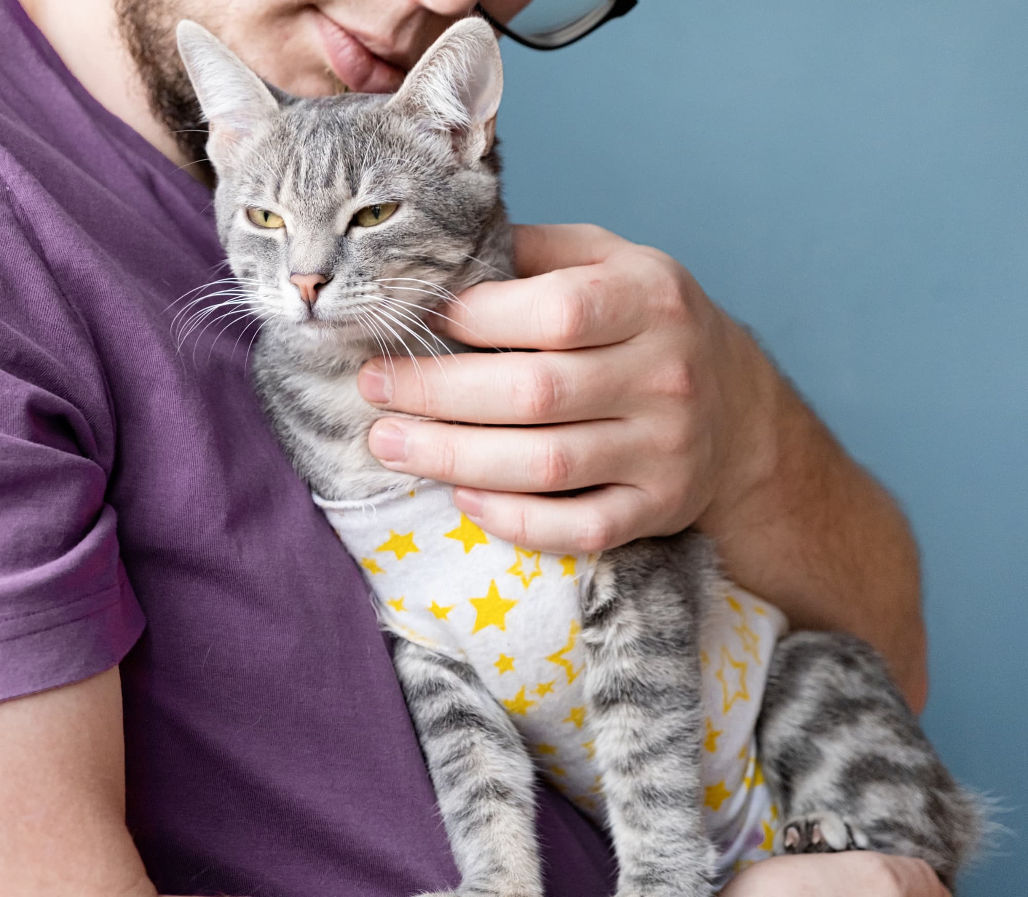 A cat resting near its owner during care at home.